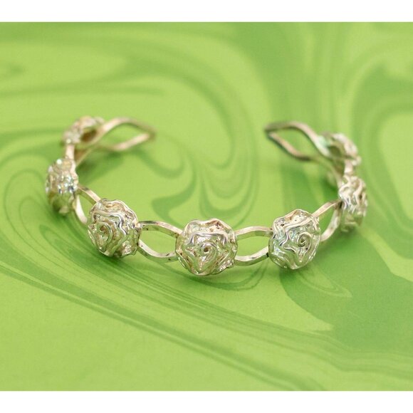 Vintage Elven Sterling Silver Roses Cuff Bracelet 7 inch - W17 - Picture 1 of 3